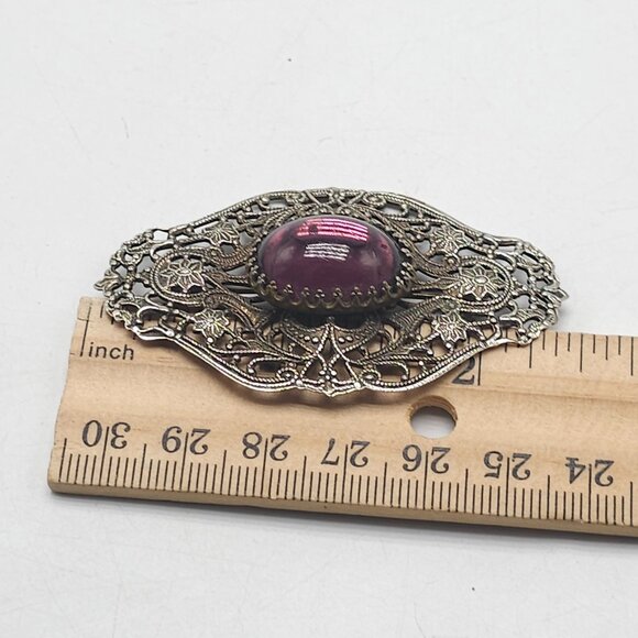 Antique Style Filigree Brooch With Purple Cabochon Stone Floral Design - Picture 4 of 4